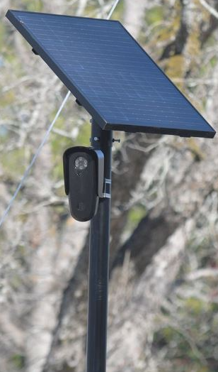 A Flock Safety license plate reader camera mounted on a black pole with a solar panel on top
