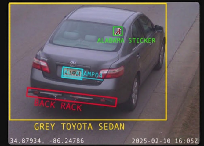 Example of what a Flock camera captures: a grey Toyota sedan with the license plate, an Alabama sticker, and a rear rack all boxed and labeled by the AI, tagged with GPS coordinates and a timestamp